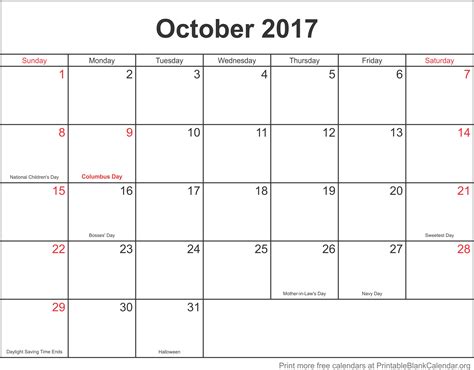 Calendar October 2017 Printable